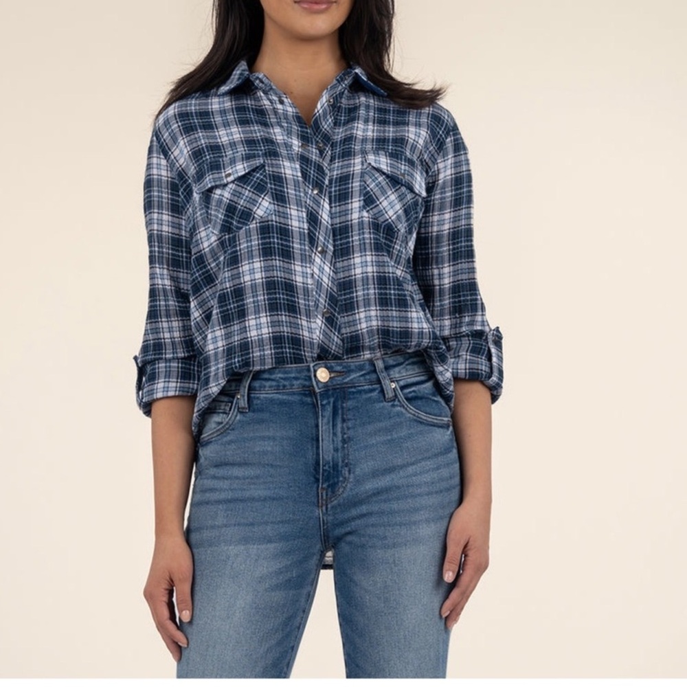 KUT from the Kloth Women's Plaid Flannel Shirt Outdoor Blue/White Size XS